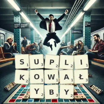 Kreatywna ilustracja do gry w Scrabble ze słowem SUPLIKOWAŁYBY ułożonym z płytek na planszy.