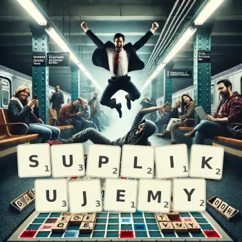 Kreatywna ilustracja do gry w Scrabble ze słowem SUPLIKUJEMY ułożonym z płytek na planszy.