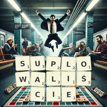 Kreatywna ilustracja do gry w Scrabble ze słowem SUPLOWALIŚCIE ułożonym z płytek na planszy.