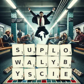 Kreatywna ilustracja do gry w Scrabble ze słowem SUPLOWALYBYSCIE ułożonym z płytek na planszy.