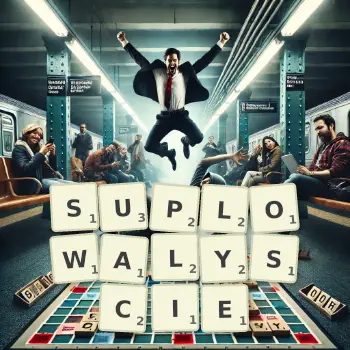 Kreatywna ilustracja do gry w Scrabble ze słowem SUPLOWALYSCIE ułożonym z płytek na planszy.