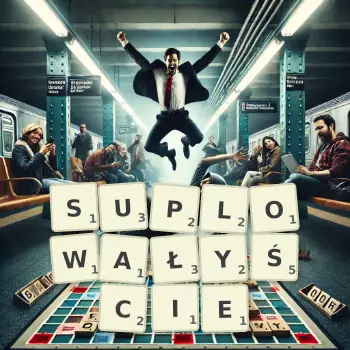 Kreatywna ilustracja do gry w Scrabble ze słowem SUPLOWAŁYŚCIE ułożonym z płytek na planszy.