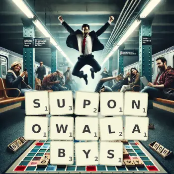 Kreatywna ilustracja do gry w Scrabble ze słowem SUPONOWALABYS ułożonym z płytek na planszy.