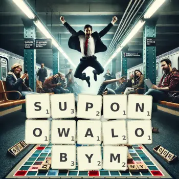 Kreatywna ilustracja do gry w Scrabble ze słowem SUPONOWALOBYM ułożonym z płytek na planszy.