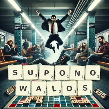 Kreatywna ilustracja do gry w Scrabble ze słowem SUPONOWALOS ułożonym z płytek na planszy.
