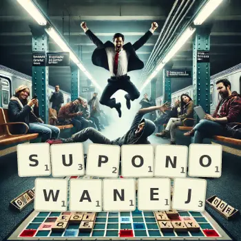 Kreatywna ilustracja do gry w Scrabble ze słowem SUPONOWANEJ ułożonym z płytek na planszy.