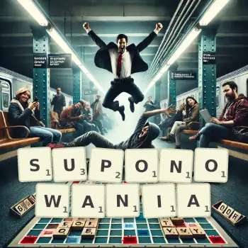 Kreatywna ilustracja do gry w Scrabble ze słowem SUPONOWANIA ułożonym z płytek na planszy.