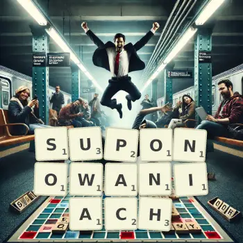 Kreatywna ilustracja do gry w Scrabble ze słowem SUPONOWANIACH ułożonym z płytek na planszy.