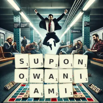 Kreatywna ilustracja do gry w Scrabble ze słowem SUPONOWANIAMI ułożonym z płytek na planszy.