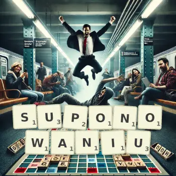 Kreatywna ilustracja do gry w Scrabble ze słowem SUPONOWANIU ułożonym z płytek na planszy.