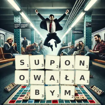 Kreatywna ilustracja do gry w Scrabble ze słowem SUPONOWAŁABYM ułożonym z płytek na planszy.