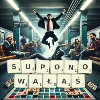 Kreatywna ilustracja do gry w Scrabble ze słowem SUPONOWAŁAŚ ułożonym z płytek na planszy.