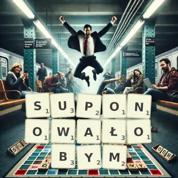 Kreatywna ilustracja do gry w Scrabble ze słowem SUPONOWAŁOBYM ułożonym z płytek na planszy.