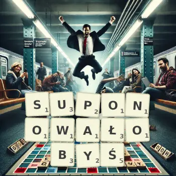 Kreatywna ilustracja do gry w Scrabble ze słowem SUPONOWAŁOBYŚ ułożonym z płytek na planszy.