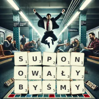 Kreatywna ilustracja do gry w Scrabble ze słowem SUPONOWAŁYBYŚMY ułożonym z płytek na planszy.