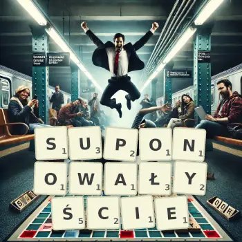 Kreatywna ilustracja do gry w Scrabble ze słowem SUPONOWAŁYŚCIE ułożonym z płytek na planszy.