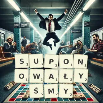 Kreatywna ilustracja do gry w Scrabble ze słowem SUPONOWAŁYŚMY ułożonym z płytek na planszy.