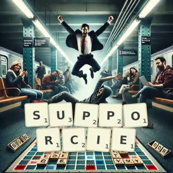 Kreatywna ilustracja do gry w Scrabble ze słowem SUPPORCIE ułożonym z płytek na planszy.