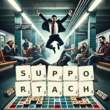 Kreatywna ilustracja do gry w Scrabble ze słowem SUPPORTACH ułożonym z płytek na planszy.
