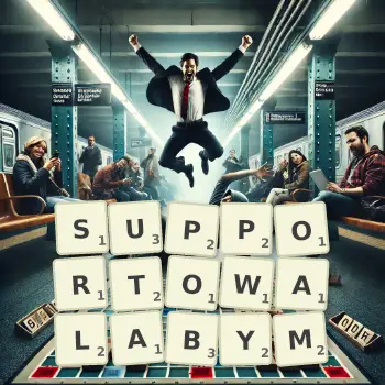 Kreatywna ilustracja do gry w Scrabble ze słowem SUPPORTOWALABYM ułożonym z płytek na planszy.