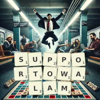 Kreatywna ilustracja do gry w Scrabble ze słowem SUPPORTOWALAM ułożonym z płytek na planszy.