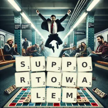 Kreatywna ilustracja do gry w Scrabble ze słowem SUPPORTOWALEM ułożonym z płytek na planszy.