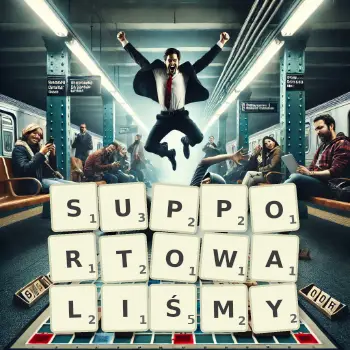 Kreatywna ilustracja do gry w Scrabble ze słowem SUPPORTOWALIŚMY ułożonym z płytek na planszy.