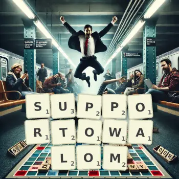 Kreatywna ilustracja do gry w Scrabble ze słowem SUPPORTOWALOM ułożonym z płytek na planszy.