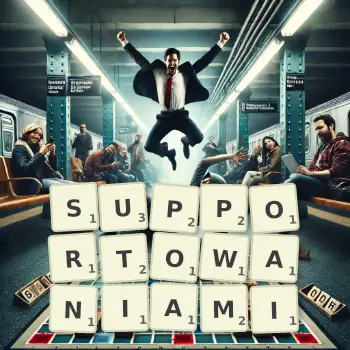 Kreatywna ilustracja do gry w Scrabble ze słowem SUPPORTOWANIAMI ułożonym z płytek na planszy.