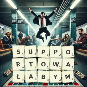 Kreatywna ilustracja do gry w Scrabble ze słowem SUPPORTOWAŁABYM ułożonym z płytek na planszy.