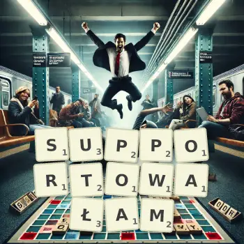 Kreatywna ilustracja do gry w Scrabble ze słowem SUPPORTOWAŁAM ułożonym z płytek na planszy.