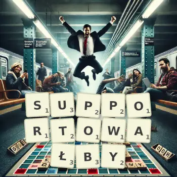 Kreatywna ilustracja do gry w Scrabble ze słowem SUPPORTOWAŁBY ułożonym z płytek na planszy.