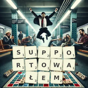 Kreatywna ilustracja do gry w Scrabble ze słowem SUPPORTOWAŁEM ułożonym z płytek na planszy.