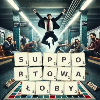 Kreatywna ilustracja do gry w Scrabble ze słowem SUPPORTOWAŁOBY ułożonym z płytek na planszy.