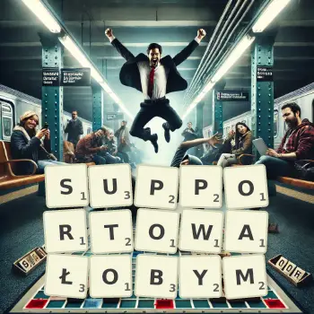 Kreatywna ilustracja do gry w Scrabble ze słowem SUPPORTOWAŁOBYM ułożonym z płytek na planszy.