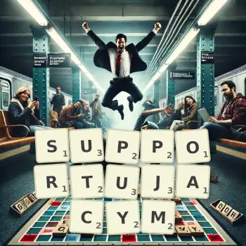 Kreatywna ilustracja do gry w Scrabble ze słowem SUPPORTUJACYM ułożonym z płytek na planszy.