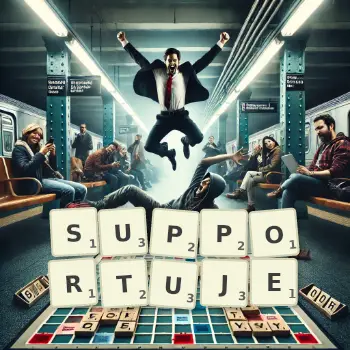 Kreatywna ilustracja do gry w Scrabble ze słowem SUPPORTUJE ułożonym z płytek na planszy.