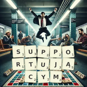 Kreatywna ilustracja do gry w Scrabble ze słowem SUPPORTUJĄCYM ułożonym z płytek na planszy.