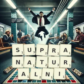 Kreatywna ilustracja do gry w Scrabble ze słowem SUPRANATURALNI ułożonym z płytek na planszy.