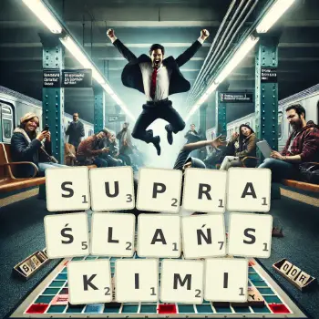 Kreatywna ilustracja do gry w Scrabble ze słowem SUPRAŚLAŃSKIMI ułożonym z płytek na planszy.