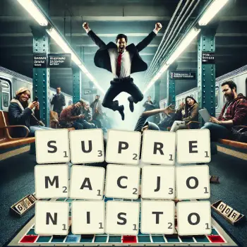 Kreatywna ilustracja do gry w Scrabble ze słowem SUPREMACJONISTO ułożonym z płytek na planszy.