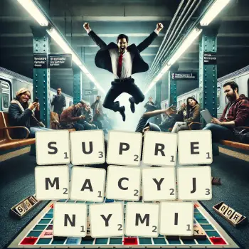 Kreatywna ilustracja do gry w Scrabble ze słowem SUPREMACYJNYMI ułożonym z płytek na planszy.