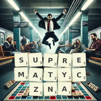 Kreatywna ilustracja do gry w Scrabble ze słowem SUPREMATYCZNA ułożonym z płytek na planszy.