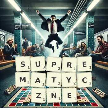 Kreatywna ilustracja do gry w Scrabble ze słowem SUPREMATYCZNE ułożonym z płytek na planszy.