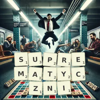 Kreatywna ilustracja do gry w Scrabble ze słowem SUPREMATYCZNI ułożonym z płytek na planszy.