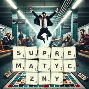Kreatywna ilustracja do gry w Scrabble ze słowem SUPREMATYCZNY ułożonym z płytek na planszy.