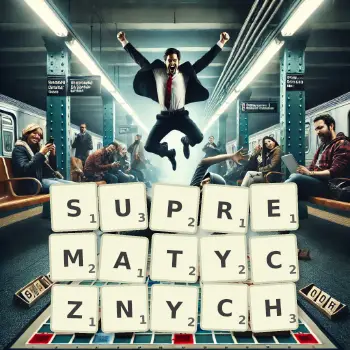 Kreatywna ilustracja do gry w Scrabble ze słowem SUPREMATYCZNYCH ułożonym z płytek na planszy.