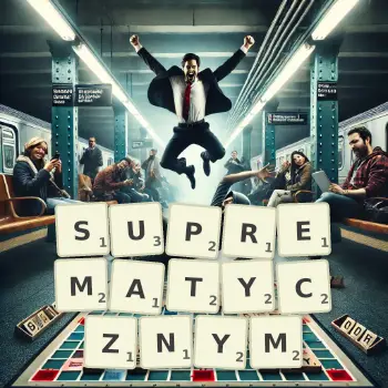 Kreatywna ilustracja do gry w Scrabble ze słowem SUPREMATYCZNYM ułożonym z płytek na planszy.