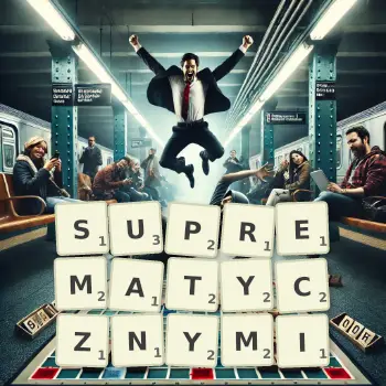 Kreatywna ilustracja do gry w Scrabble ze słowem SUPREMATYCZNYMI ułożonym z płytek na planszy.