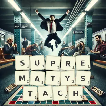 Kreatywna ilustracja do gry w Scrabble ze słowem SUPREMATYSTACH ułożonym z płytek na planszy.